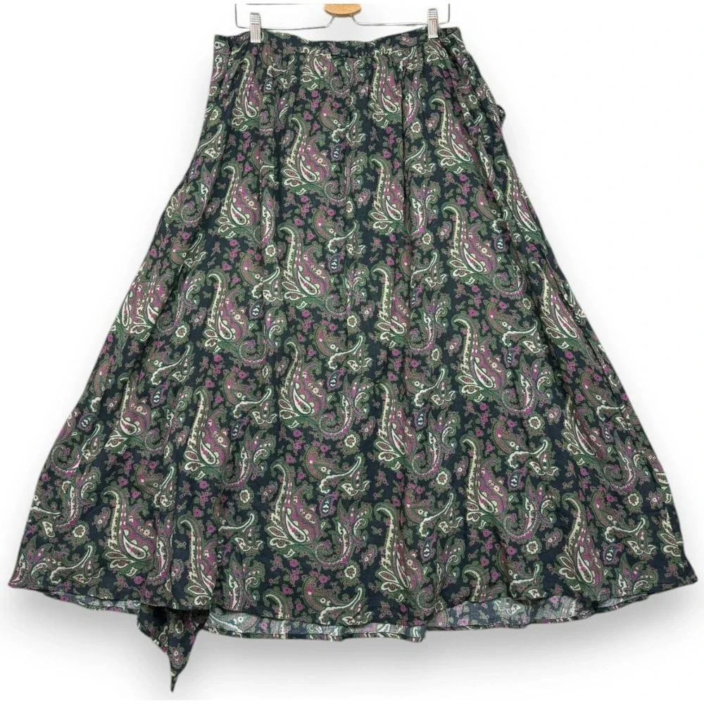 Sundance Skirt Womens XL Green Pink Paisley Caldera Ruffle Midi A Line Prairie